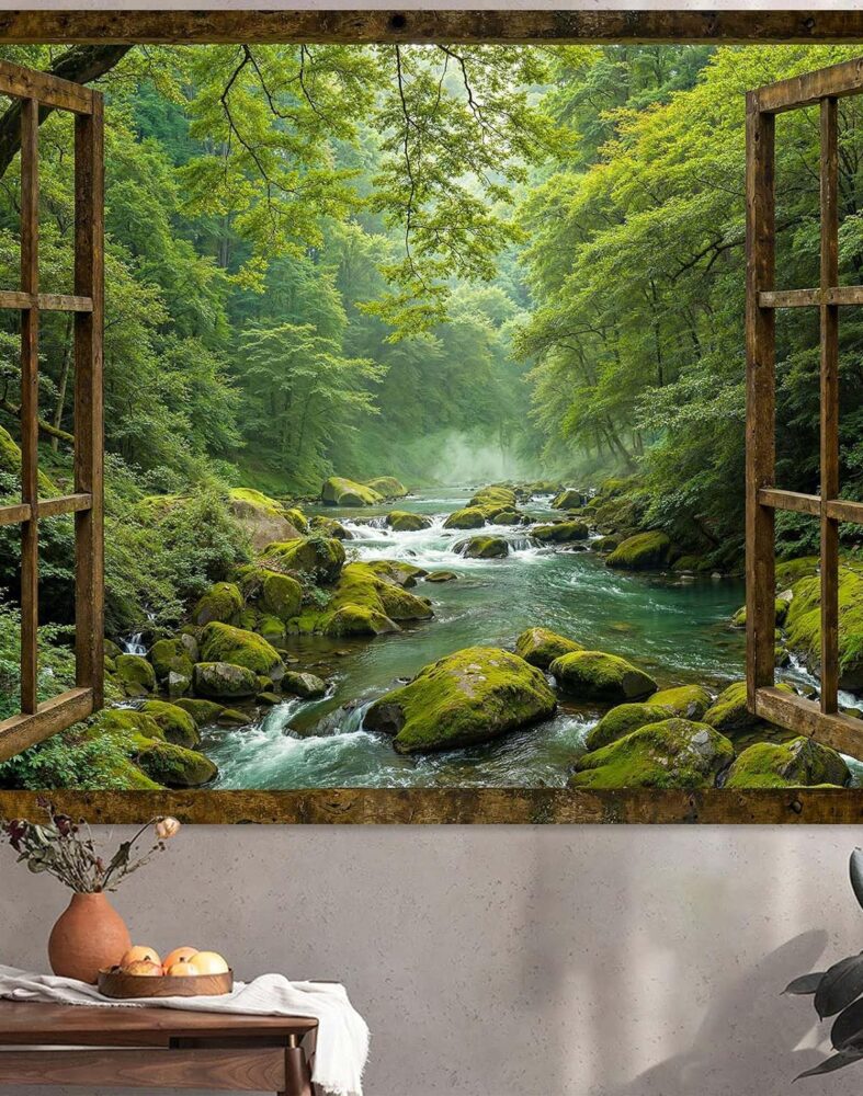 Accnicc Window Forest Tapestry Green Nature Jungle Wall Tapestry for Bedroom Aesthetic Rainforest Stream Outdoor Landscape Small Tapestries Wall Hanging for Dorm Living Room Decor 48 x 36 Inch